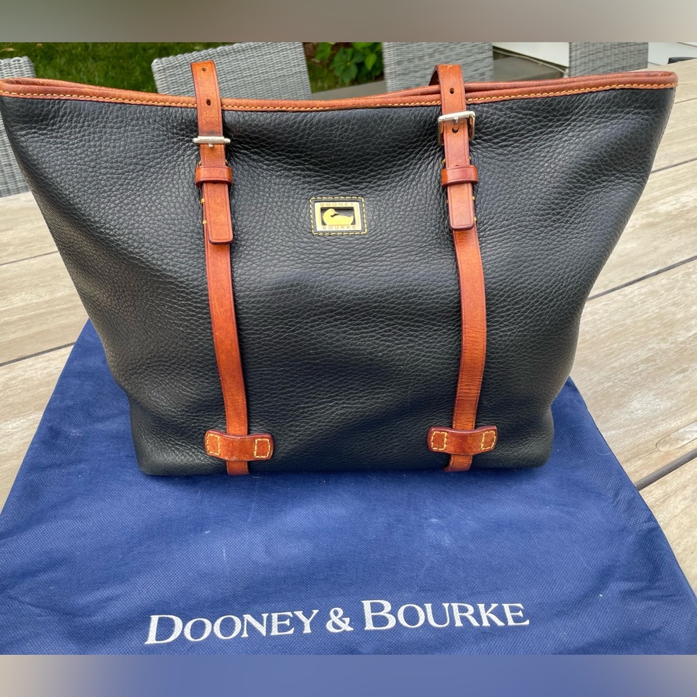 Dooney & Bourke large black leather tote with saddle leather trim